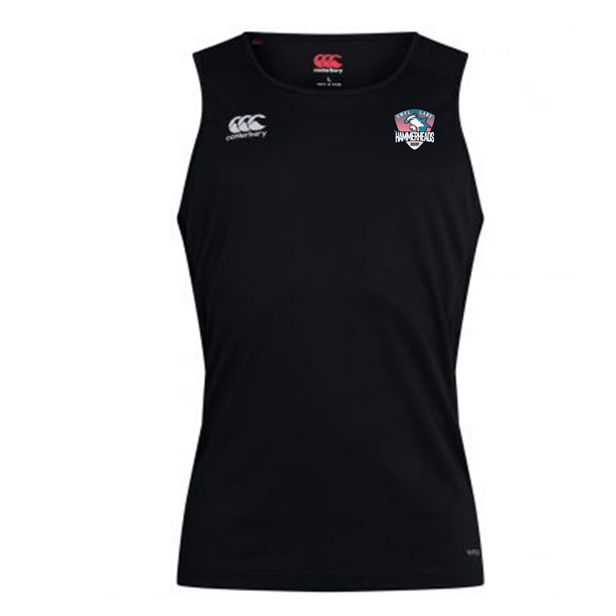The SWFL Lady Hammerheads Club Dry Singlet by WRS Canterbury is a sleeveless black top with Vapodri Technology, a white Canterbury logo, and a multicolored club crest—ideal for athletes seeking comfort and style.