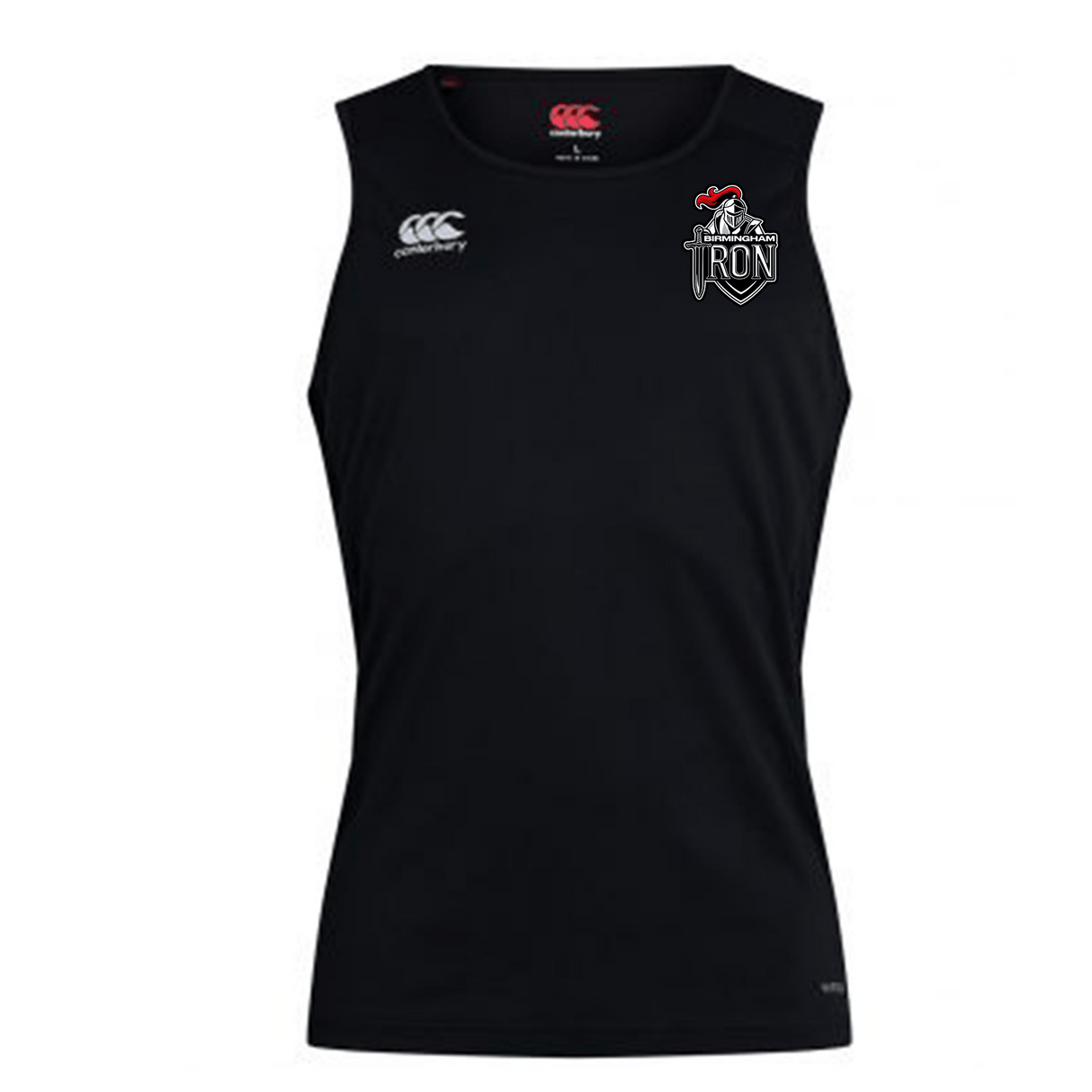 The Birmingham Iron Women's Football Club Dry Singlet by EMB Canterbury features a sleeveless black design, logos on the chest, and Vapodri Technology for comfort—perfect athletic gear for women.