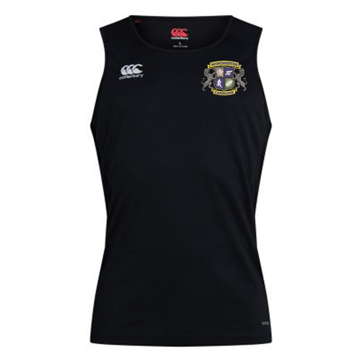 The Winchester Cannons Club Dry Singlet by EMB Canterbury is a black athletic tank top featuring the "Canterbury" logo on the right chest, a detailed crest on the left, and Vapodri Technology for superior moisture management.