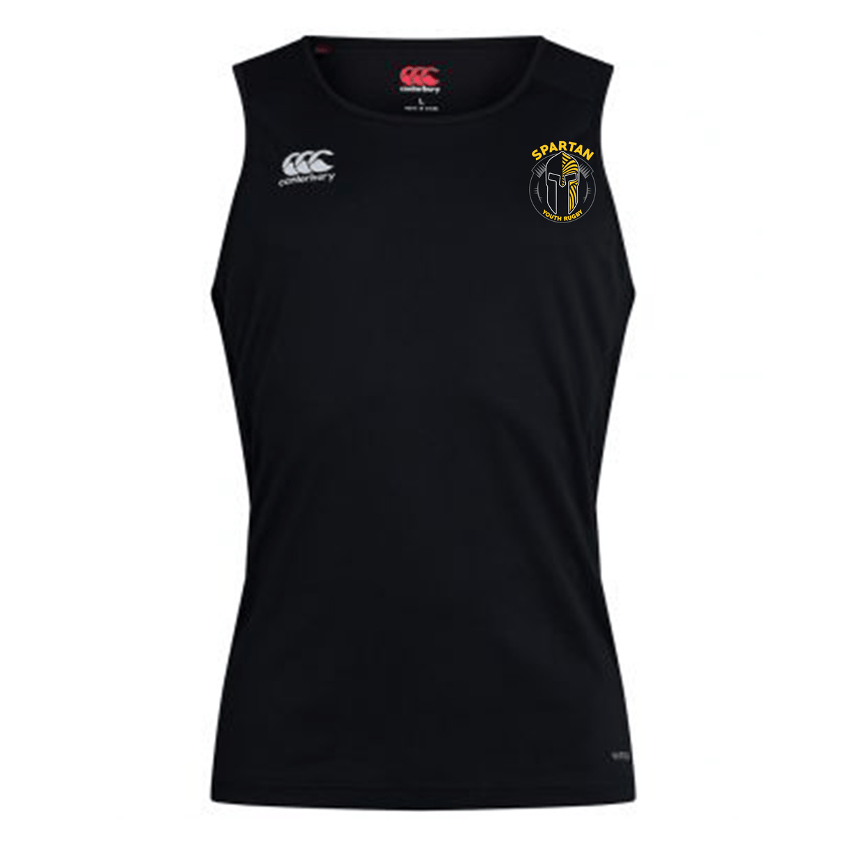 The Spartan Youth Rugby Club Dry Singlet by EMB Canterbury is sleeveless and black with Vapodri Technology, featuring a white Canterbury logo on the right chest and a yellow Spartan Athletics logo on the left. Ideal for athletic gear fans.