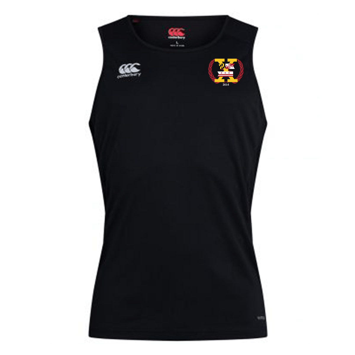 The Potomac Exiles Rugby Club Club Dry Singlet by EMB Canterbury is a sleeveless black athletic shirt featuring the Potomac Exiles logo on the left chest and the Canterbury brand logo on the right chest. Crafted with Vapodri Technology, this singlet keeps you cool and comfortable during any athletic activity.