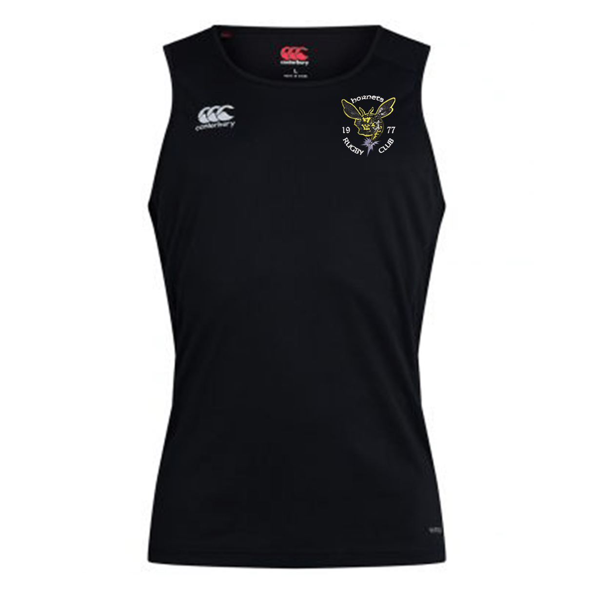 Experience ultimate performance in the Hornets Rugby Club 1977 Club Dry Singlet by Canterbury. This sleek black, sleeveless athletic jersey is made with high-performance Vapodri Technology for maximum comfort. It features a white EMB Canterbury logo on the right chest and an embroidered yellow and black badge on the left reading "Hornets Rugby Club 1977." Elevate your athletic wardrobe with this essential piece of gear.