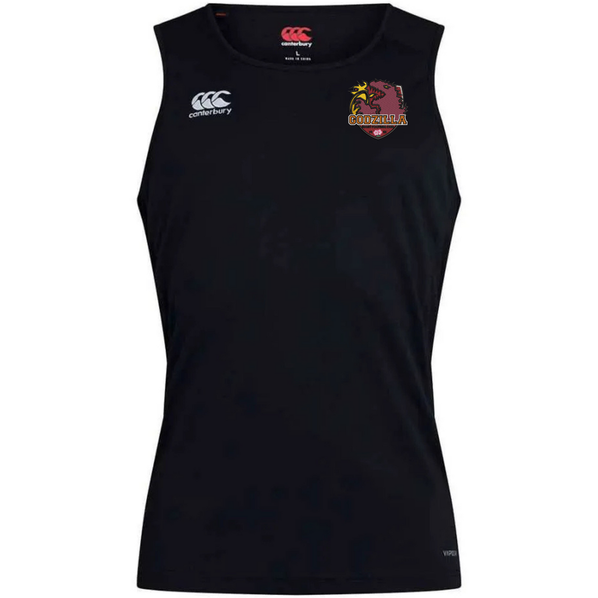 The Godzilla Rugby Football Club Club Dry Singlet by EMB Canterbury is a sleeveless black athletic shirt featuring Vapodri Technology for superior moisture management, with a white Canterbury logo on the right chest and a red and yellow gorilla emblem on the left chest—a standout piece of athletic gear from the renowned Canterbury collection.
