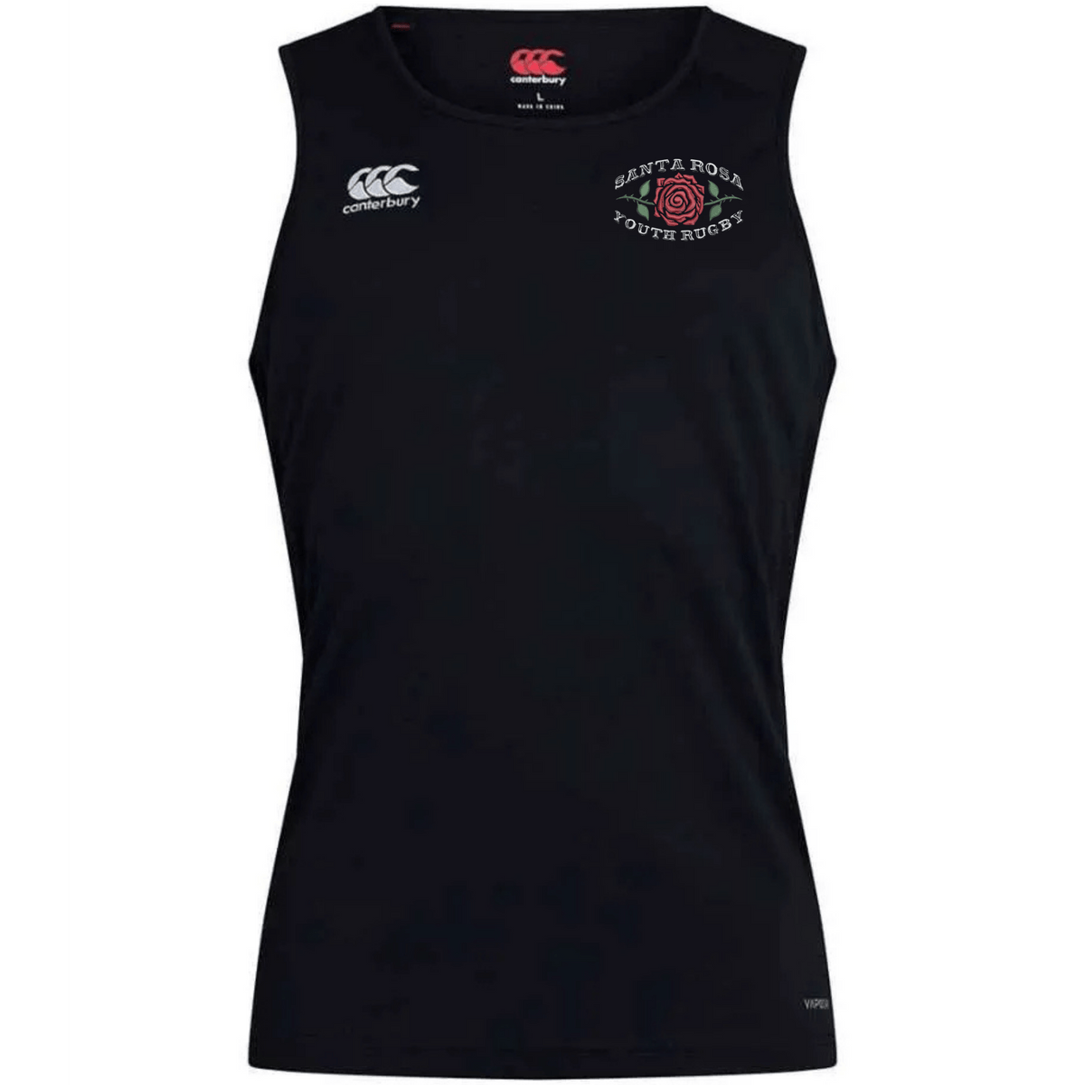 Introducing the Santa Rosa Youth Rugby Club Dry Singlet by EMB Canterbury—a black, sleeveless athletic shirt designed with Canterbury’s Club Dry singlet style and enhanced with Vapodri Technology for superior moisture management. Featuring the Canterbury logo along with “Santa Rosa Youth Rugby” text and emblem on the left chest, this singlet is ideal athletic gear for dedicated players.