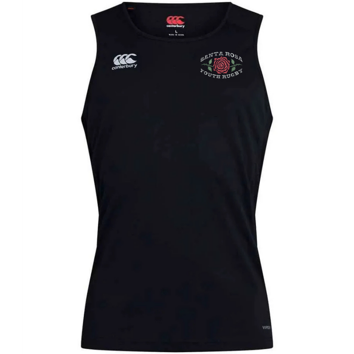 Introducing the Santa Rosa Youth Rugby Club Dry Singlet by EMB Canterbury—a black, sleeveless athletic shirt designed with Canterbury’s Club Dry singlet style and enhanced with Vapodri Technology for superior moisture management. Featuring the Canterbury logo along with “Santa Rosa Youth Rugby” text and emblem on the left chest, this singlet is ideal athletic gear for dedicated players.