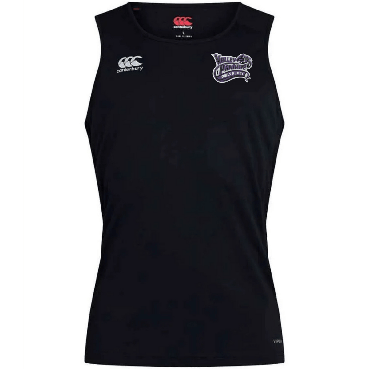 Valley Panthers Girls Rugby Club Dry Singlet by Canterbury—this sleeveless black singlet from EMB Canterbury features advanced Vapodri Technology for superior moisture management, a white Canterbury logo on the right chest, and the Valley Panthers Rugby Club logo on the left chest, making it perfect athletic gear for serious players.