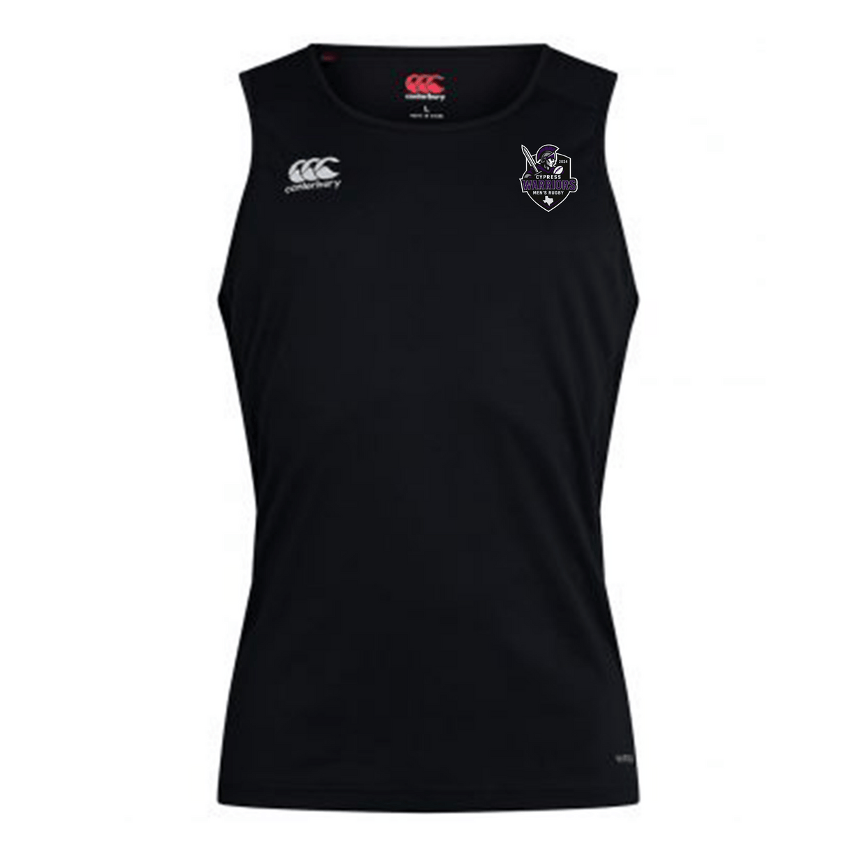 The Cypress Warriors Men's Rugby Club Dry Singlet by EMB Canterbury features Vapodri Technology, a white Canterbury logo on the right chest, and a purple and white team logo on the left—ideal for athletic gear fans.