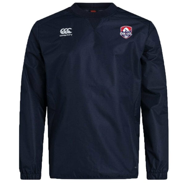 The CenCal Rugby Club Vaposhield Contact Top by Canterbury features a navy design, water-repellent finish, white EMB Canterbury logo on the right chest, and a red and white shield emblem on the left—ideal for rugby training.