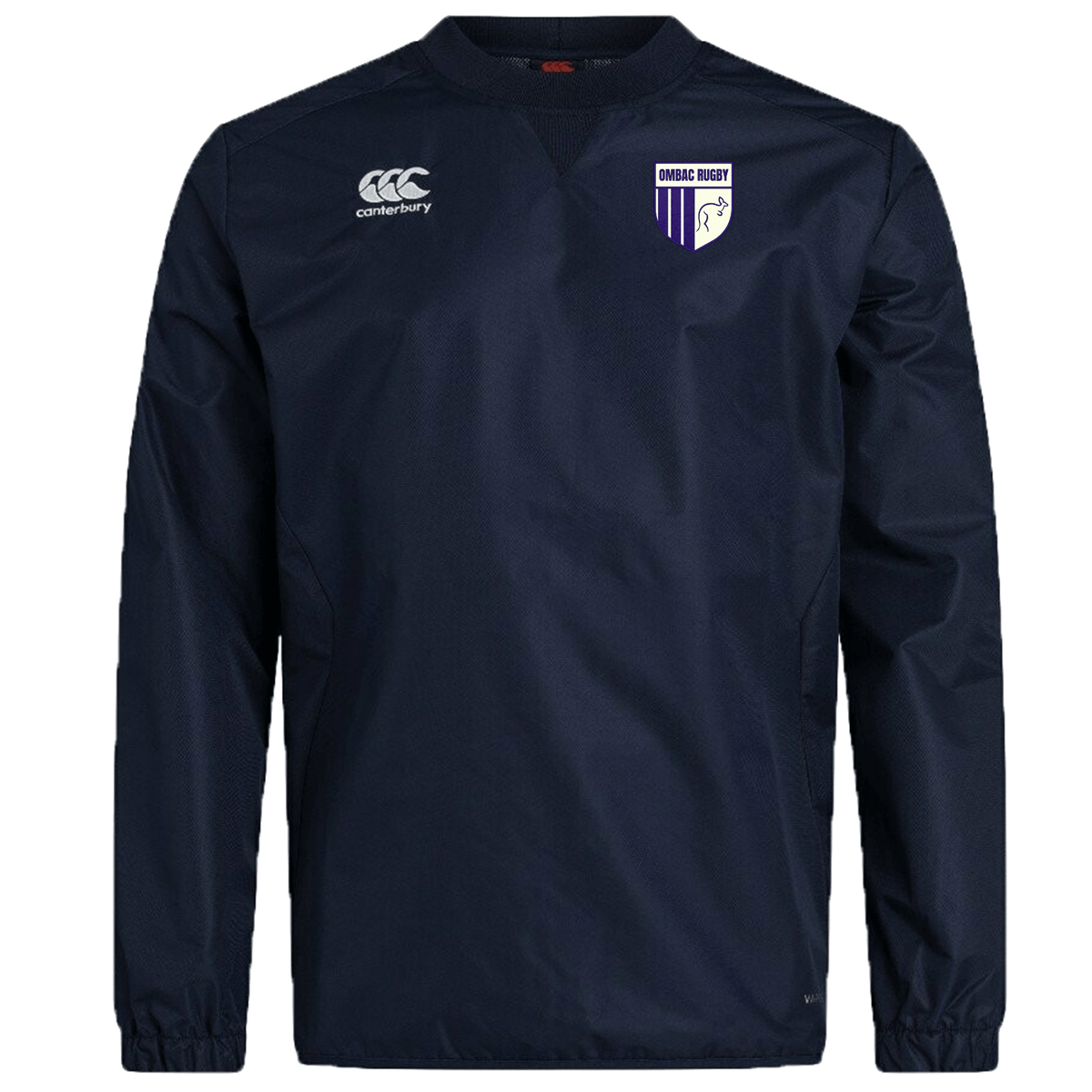 The OMBAC Rugby Club Vaposhield Contact Top by EMB Canterbury is a navy blue long-sleeve sports jacket that features Vaposhield technology, the Canterbury logo on the right chest, a rugby club patch on the left chest, and elastic cuffs. It is constructed with Micro Diamond ripstop fabric for durability and enhanced performance.