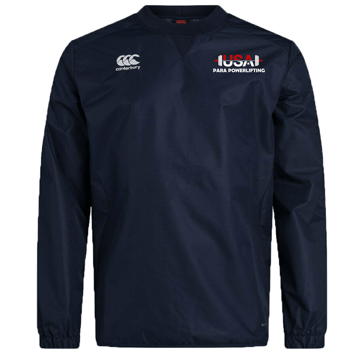 The EMB Canterbury USA Para Powerlifting Club Vaposhield Contact Top is a navy long-sleeve training top with the Canterbury logo on the right chest and the USA Para Powerlifting logo on the left chest.
