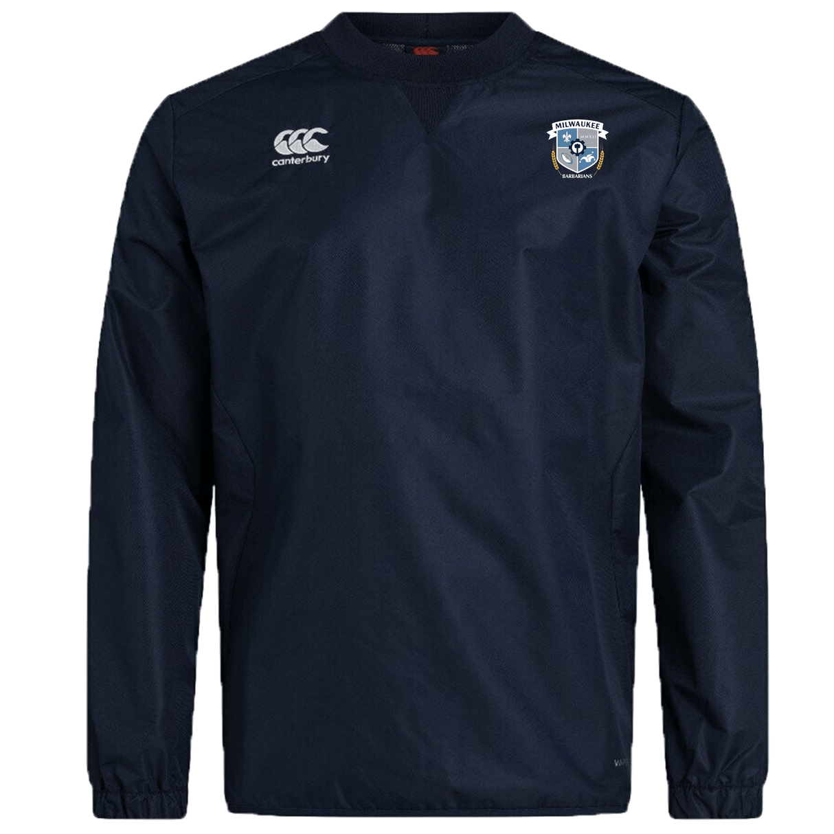 The Milwaukee Barbarians Rugby Club Vaposhield Contact Top by EMB Canterbury is a navy blue, water-repellent, long-sleeve rugby training top featuring the Canterbury logo on the right chest and club crest on the left.