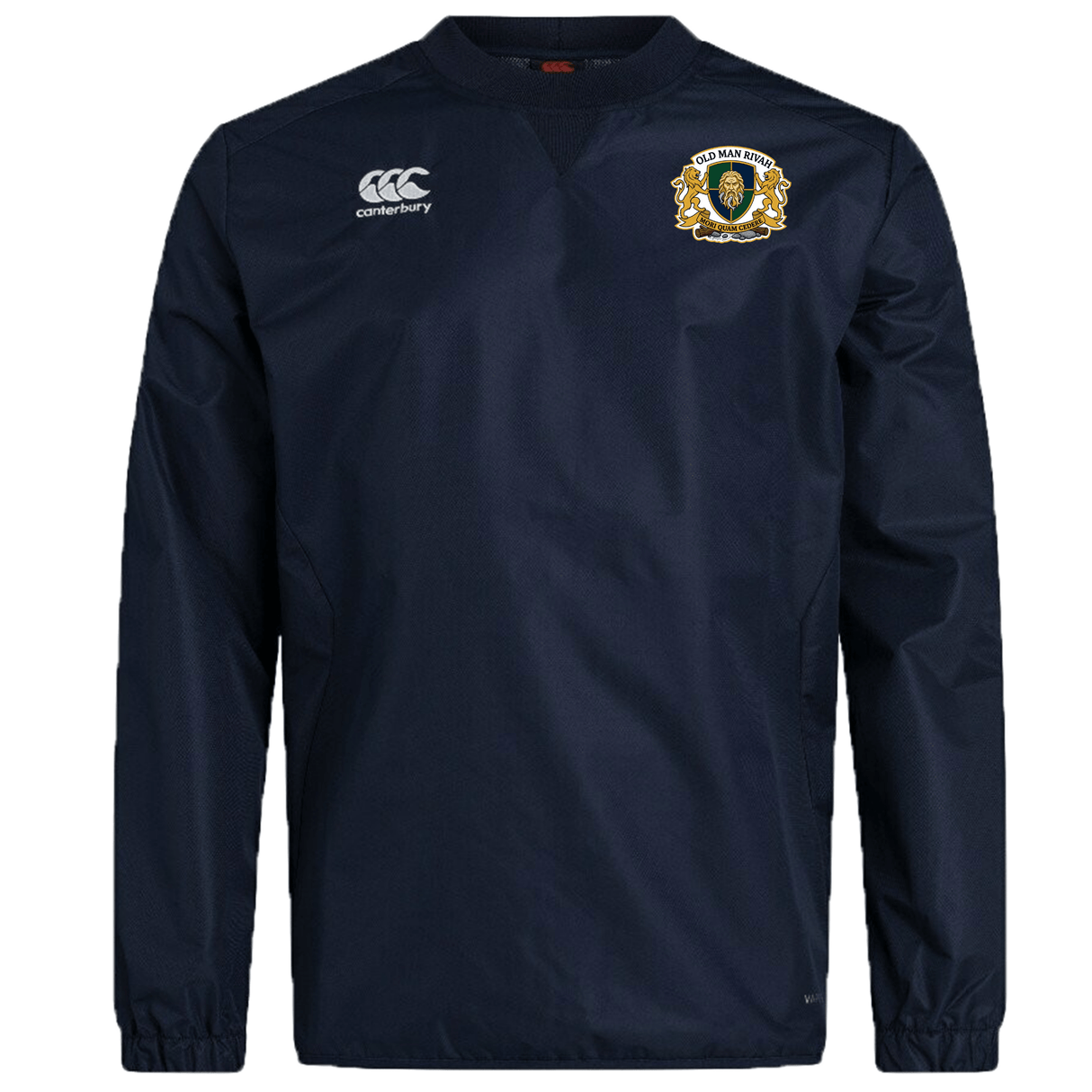 The Old Man Rivah Rugby Club Vaposhield Contact Top by EMB Canterbury is a navy blue, long-sleeve top with a Canterbury logo on the right chest and an embroidered crest on the left.