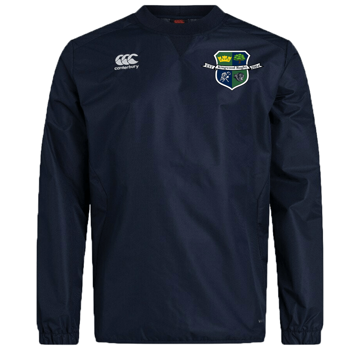 The Kingwood Rugby Club Vaposhield Contact Top by EMB Canterbury is a navy long-sleeve pullover featuring a white Canterbury logo, crest patch, and water-repellent Vaposhield technology for extra protection.