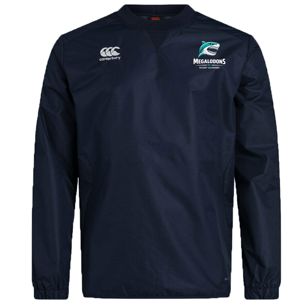 The NC Rugby Academy - Megalodons Club Vaposhield Contact Top by EMB Canterbury is a navy blue long-sleeve top featuring the Canterbury logo on the right chest and "Megalodons Rugby Academy" logo on the left.