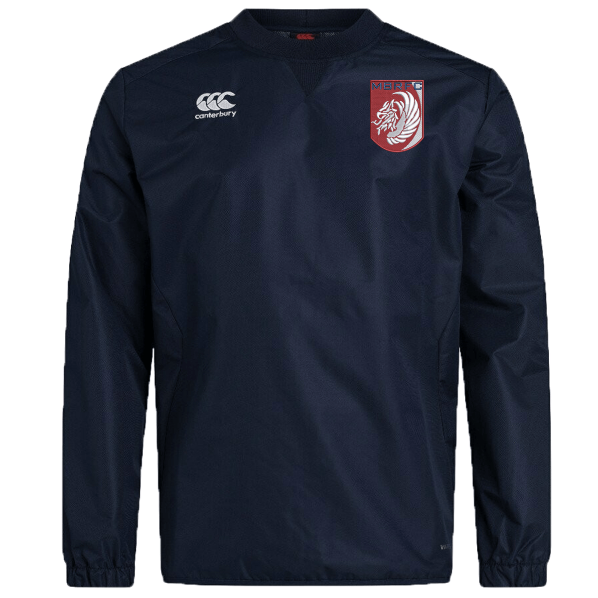 The Montgomery Bucks Griffins Club Vaposhield Contact Top by EMB Canterbury is a navy long-sleeve rugby top with the Canterbury logo on the right chest, a red and white lion crest on the left, and water-resistant Vaposhield technology.