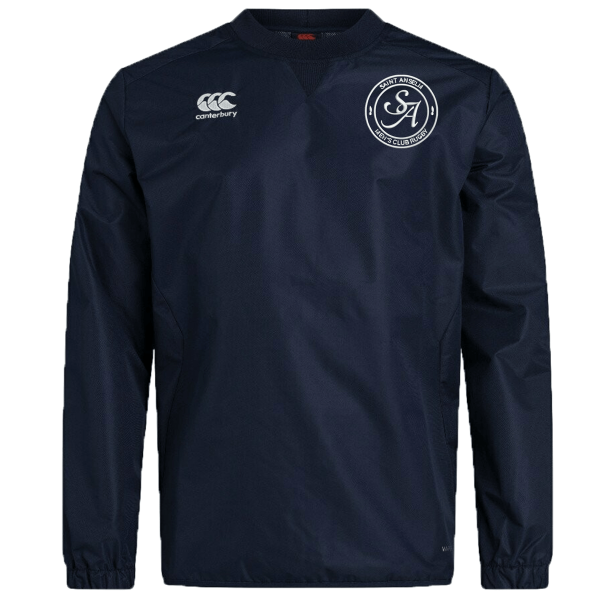 The Saint Anselm College Club Rugby Vaposhield Contact Top by EMB Canterbury is a navy long-sleeve top with water-repellent Vaposhield tech, a right-chest Canterbury logo, and a circular "SA" crest on the left.
