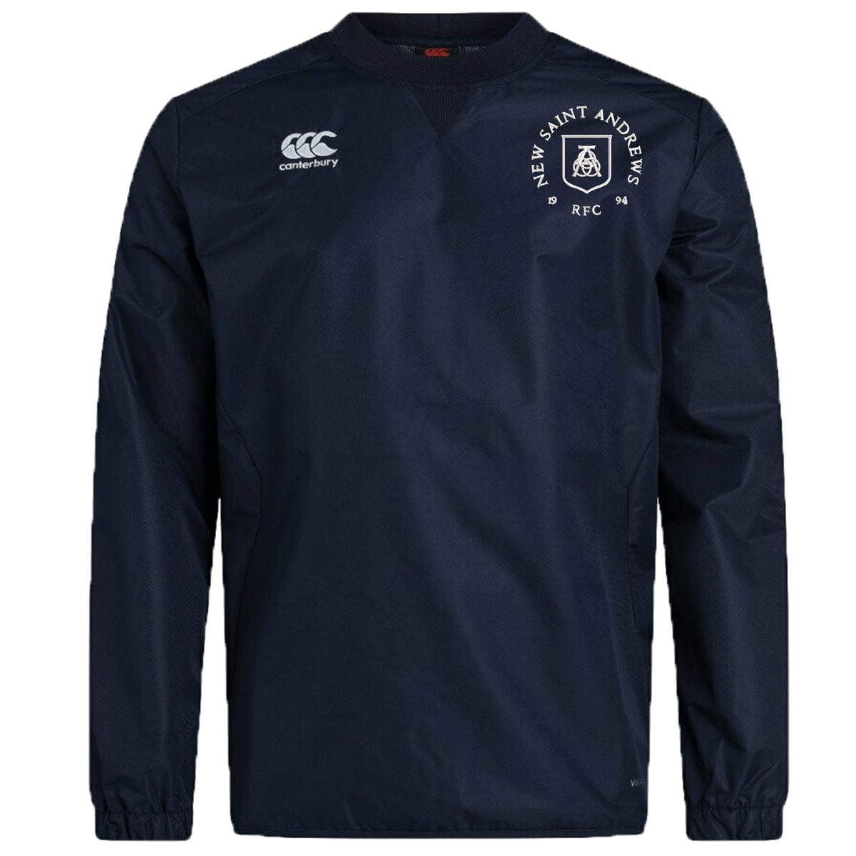 The New Saint Andrews College Club Vaposhield Contact Top by EMB Canterbury is a navy long-sleeve athletic pullover featuring the white “New Saint Andrews RFC” and crest on the left chest, the Canterbury logo on the right chest, and advanced Vaposhield technology for superior water resistance—shown against a white background.
