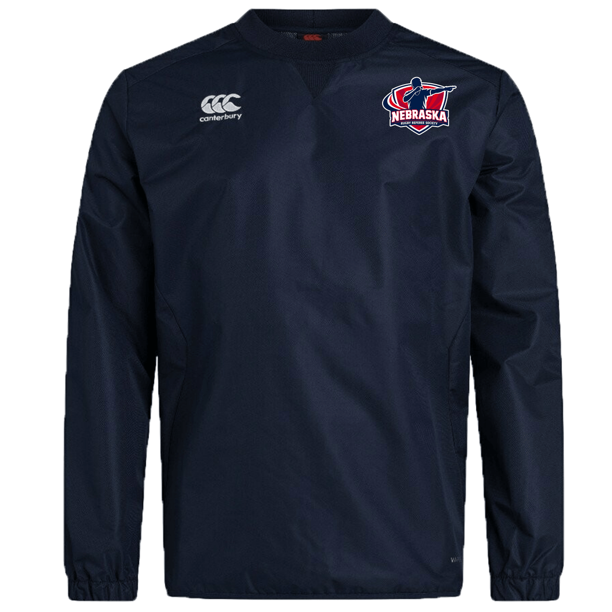 The Nebraska Rugby Referee Society Club Vaposhield Contact Top by EMB Canterbury is a navy long-sleeve training top featuring a Canterbury logo on the right chest and a Nebraska rugby logo on the left for style and performance.