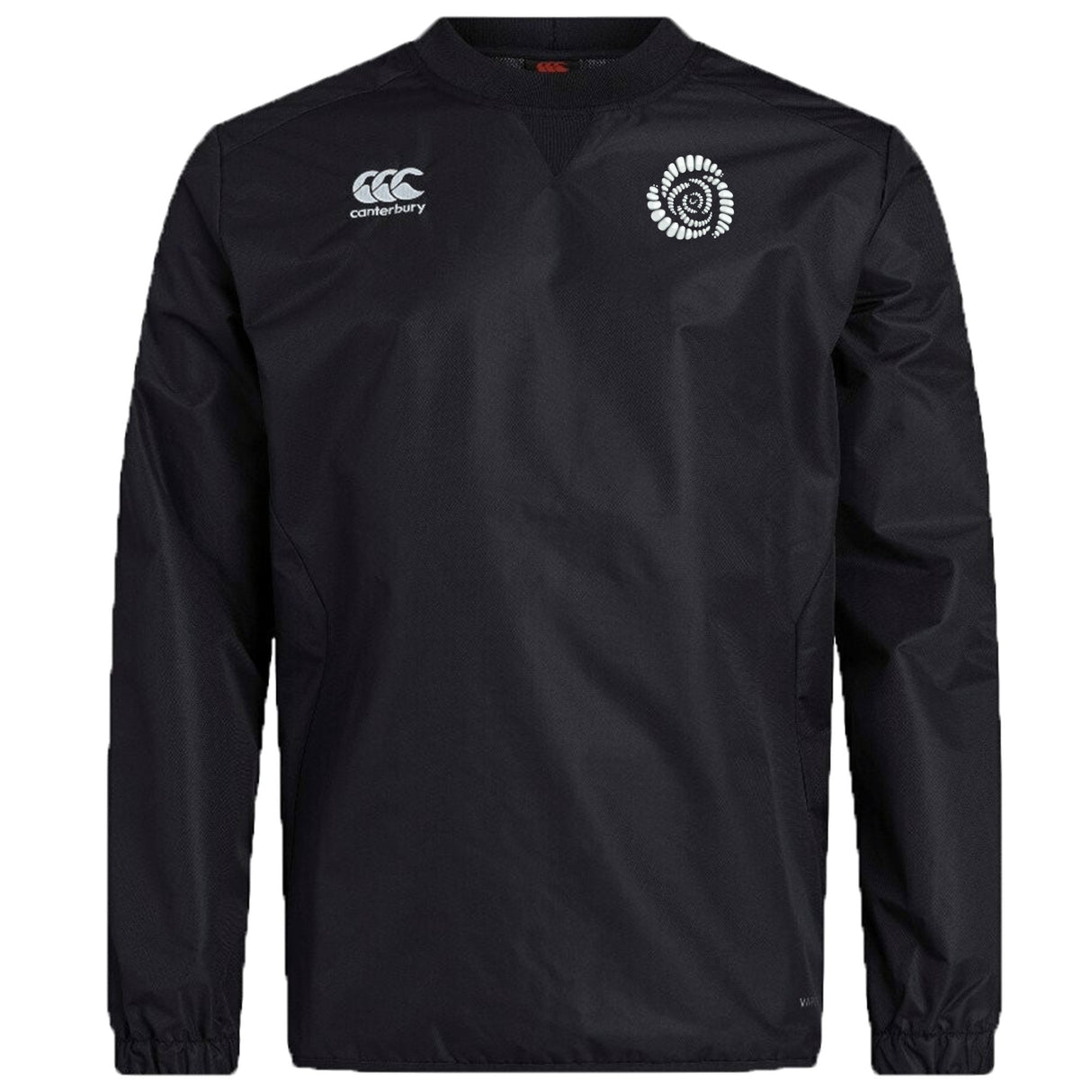 The Missoula All-Maggots Club Vaposhield Contact Top by EMB Canterbury is a black, long-sleeve sports top featuring a white Canterbury logo on the left chest and a circular club emblem on the right. Designed with Vaposhield technology, this rugby contact top offers enhanced performance in all weather conditions.