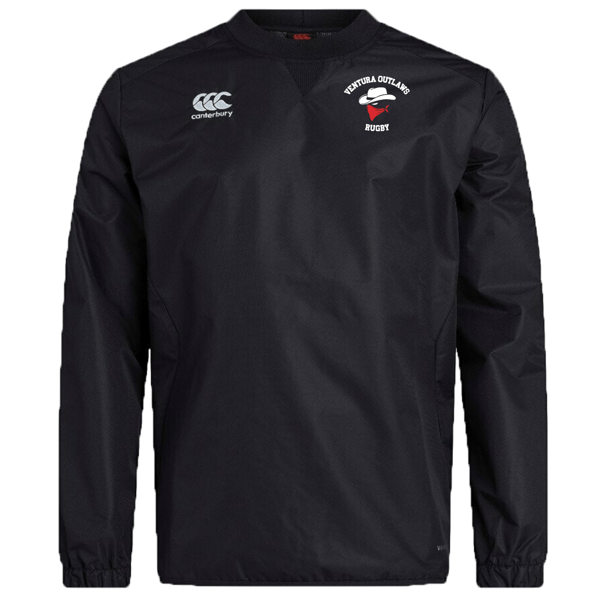 EMB Canterbury's Ventura Outlaws Rugby Club Vaposhield Contact Top is a black long-sleeve rugby jacket with "Ventura Outlaws Rugby" embroidered on the chest. Featuring Vaposhield technology for wet weather training and the signature Canterbury logo, this is your go-to top for staying dry and stylish on the field.