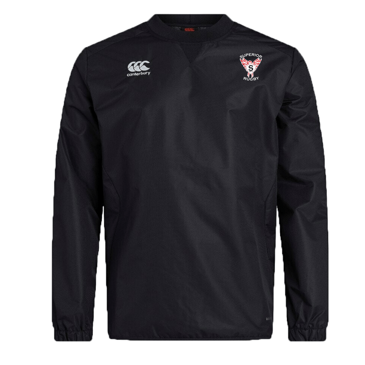 The Superior Rugby Club Vaposhield Contact Top by EMB Canterbury is a black long-sleeve top featuring the Canterbury logo on the right chest and a shield "SALFORD" emblem on the left. Designed with Vaposhield tech for wet weather training.