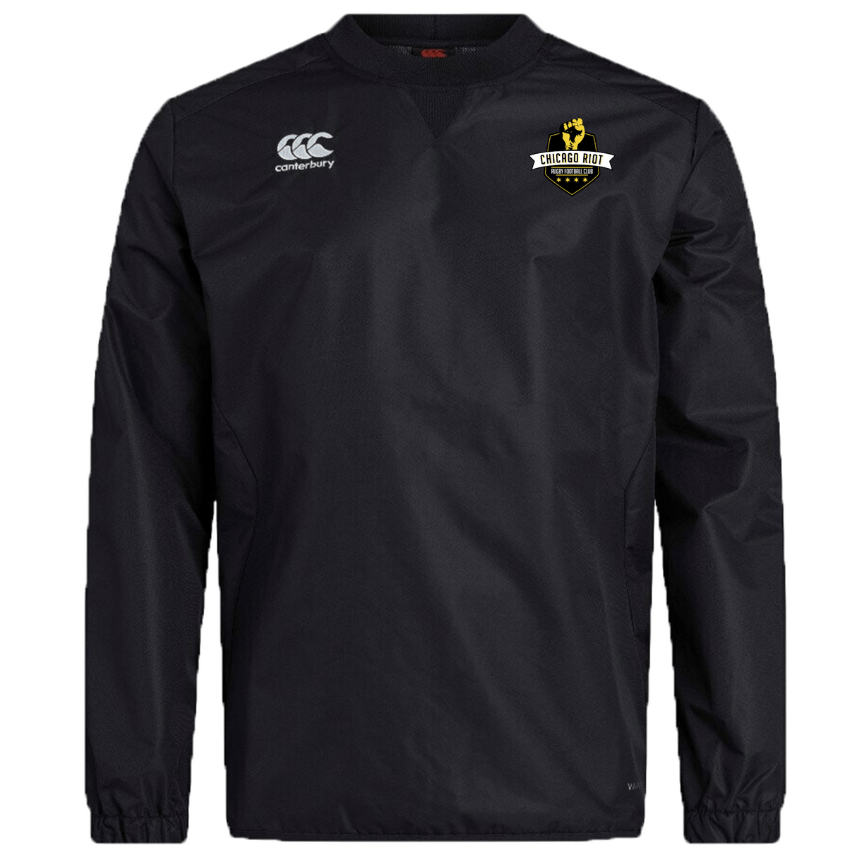 The Chicago Riot Club Vaposhield Contact Top by EMB Canterbury is a black, water-repellent pullover with the club crest and Canterbury logo on the chest—ideal for training or casual wear.