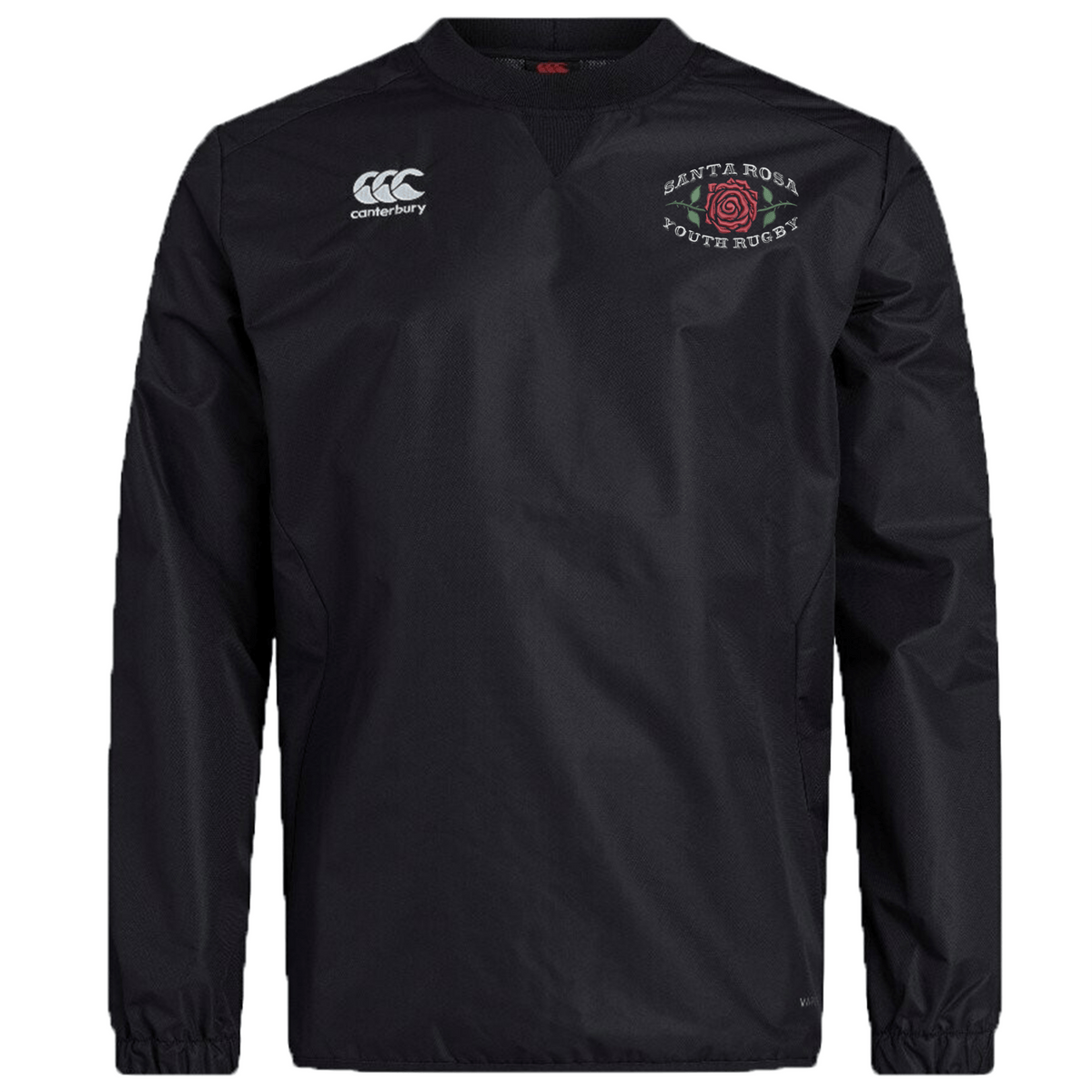 The Santa Rosa Youth Rugby Club Vaposhield Contact Top by EMB Canterbury is a black long-sleeve athletic pullover featuring the Canterbury logo, “Santa Rosa Youth Rugby” text, and a red rose emblem on the left chest. Designed with Vaposhield technology, this custom rugby top delivers enhanced comfort and performance both on and off the field.
