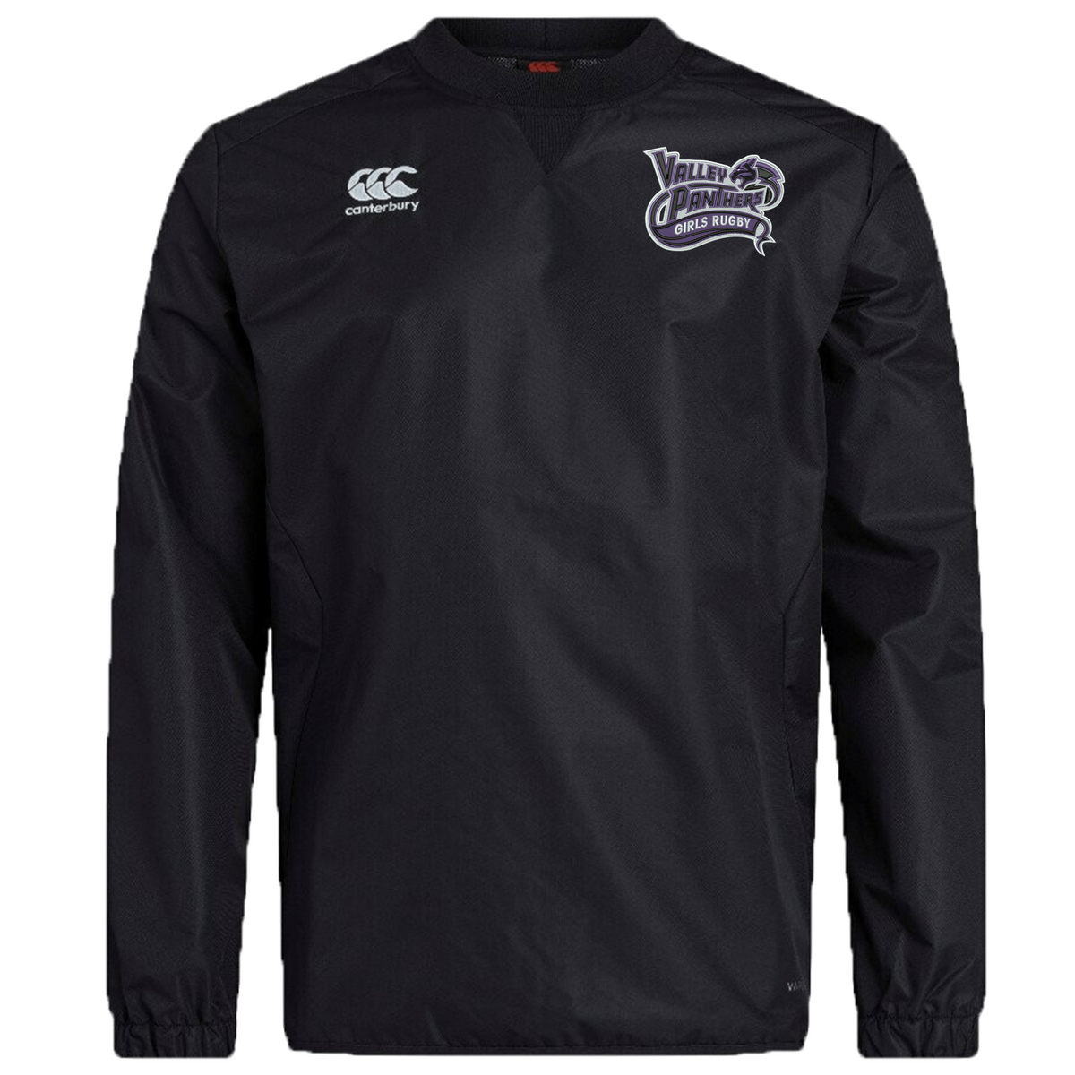 The Valley Panthers Girls Rugby Club Vaposhield Contact Top by EMB Canterbury features a black long-sleeve design with the Canterbury logo on the right chest and the Valley Panthers Girls Rugby emblem on the left chest, crafted from Vaposhield fabric for enhanced water resistance—making it an ideal custom rugby top for training or match day.