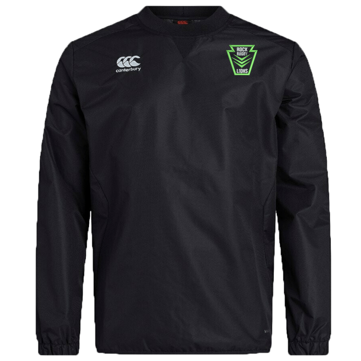 Black long-sleeved Rock Rugby Club Vaposhield Contact Top by Canterbury, featuring a green Rock Rugby Lions club emblem on the chest.
