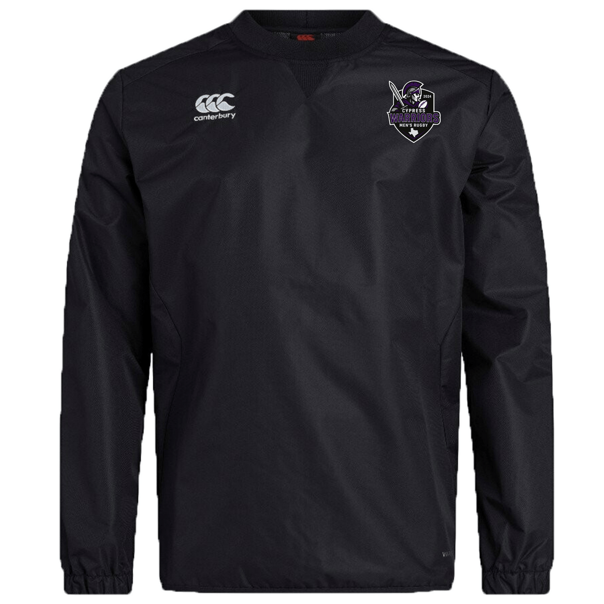 The Cypress Warriors Men's Rugby Club Vaposhield Contact Top by EMB Canterbury is a black long-sleeve top with the Canterbury logo on the right chest and a stylized bird emblem with text on the left.