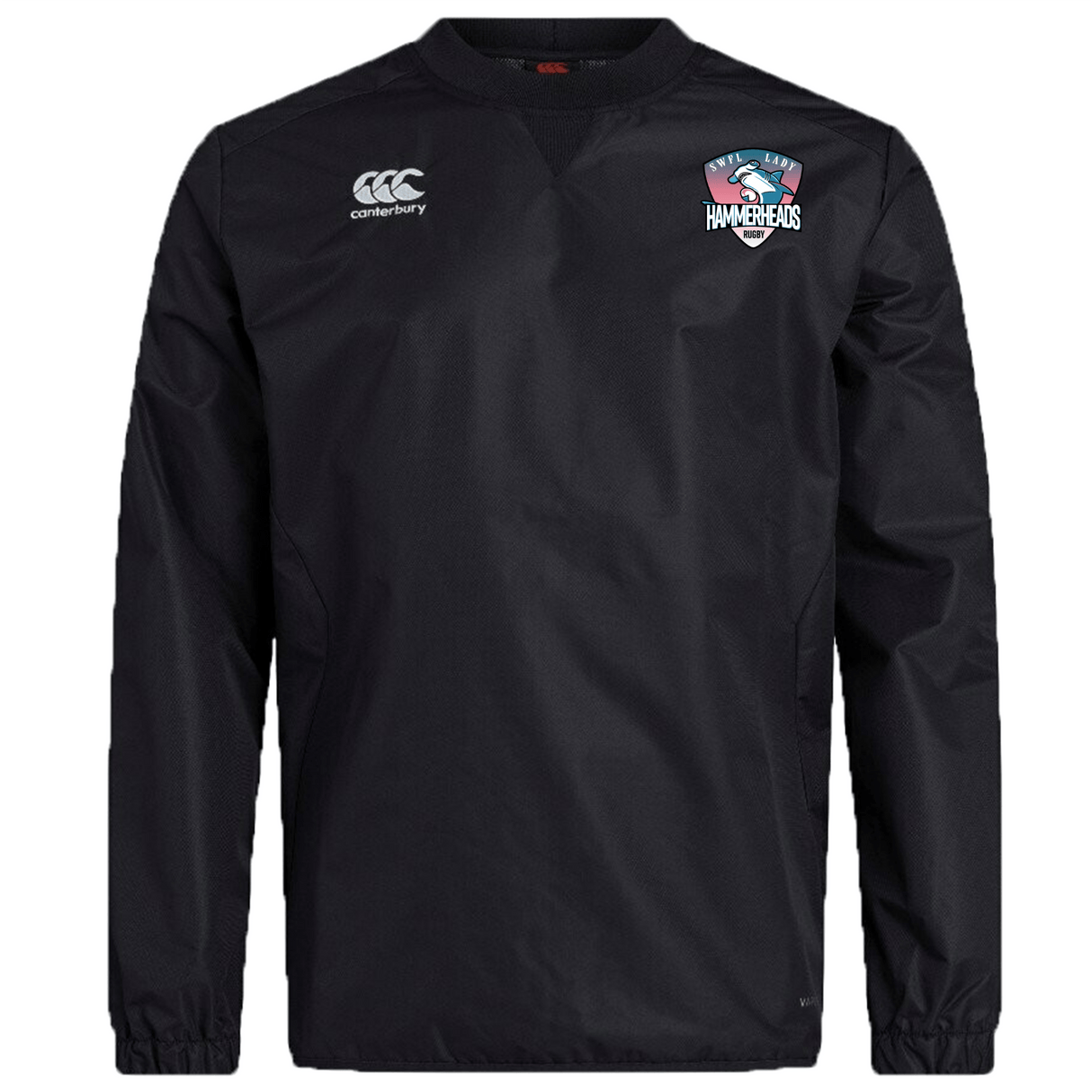 The SWFL Lady Hammerheads Club Vaposhield Contact Top by WRS Canterbury is a black, water-repellent long-sleeve training shirt with the team logo—ideal for rugby club sessions.