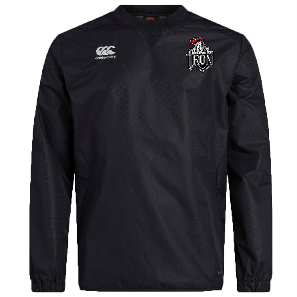 The EMB Canterbury Birmingham Iron Women's Football Club Vaposhield Contact Top features long black sleeves, the Canterbury logo on the right chest, an "IRON" crest on the left, and Vaposhield tech for comfort.