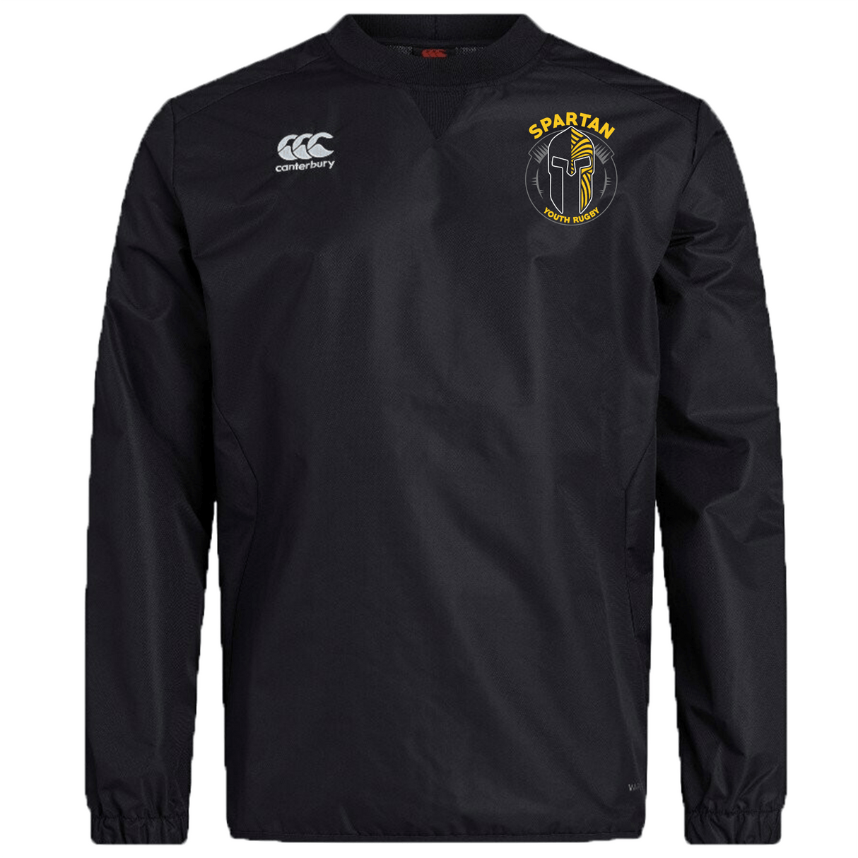 The Spartan Youth Rugby Club Vaposhield Contact Top by EMB Canterbury is a black long-sleeve top featuring the Canterbury logo on the right chest and a yellow Spartan Sports Academy logo on the left, with Vaposhield technology for comfort.
