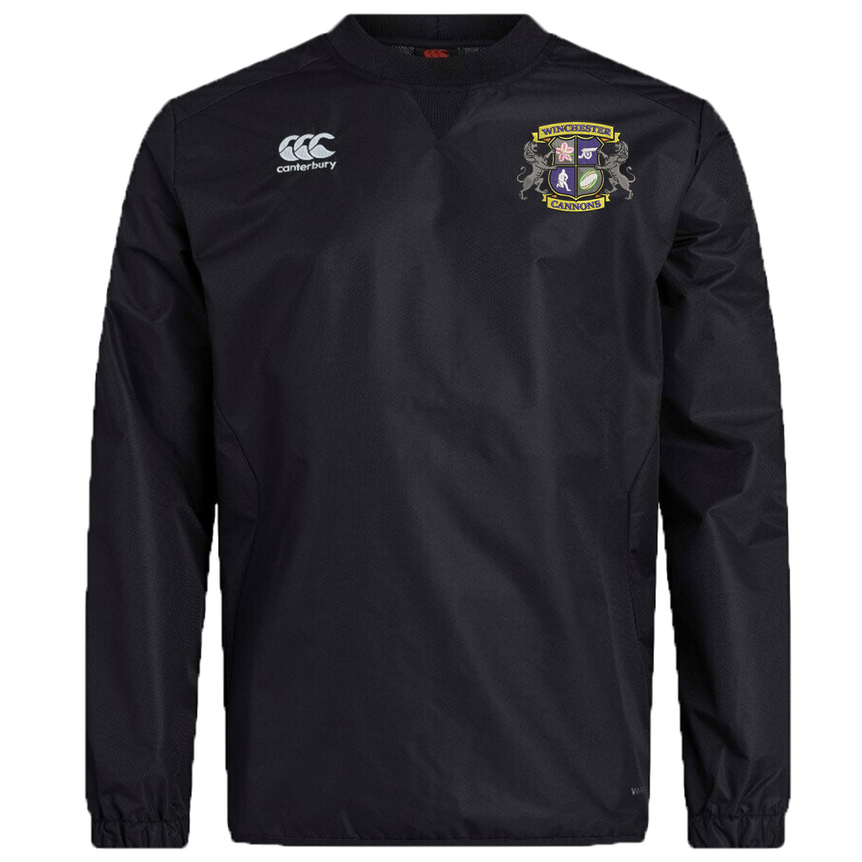 Black Winchester Cannons Club Vaposhield Contact Top by EMB Canterbury featuring the Canterbury logo on the right chest and a crest with "Manchester" and "Canterbury" on the left chest.