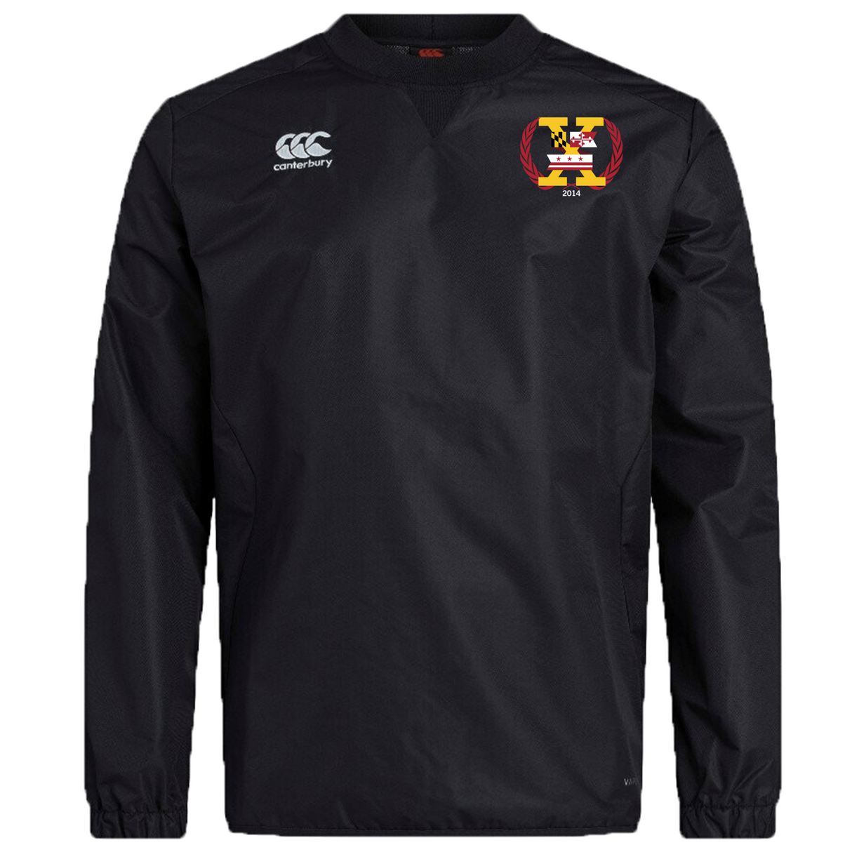 The Potomac Exiles Rugby Club Club Vaposhield Contact Top by Canterbury is a black long-sleeve pullover from EMB Canterbury, featuring the Canterbury logo on the right chest and a yellow-red 2014 crest on the left chest. Designed with Vaposhield technology, it offers lightweight, water-resistant comfort ideal for training.