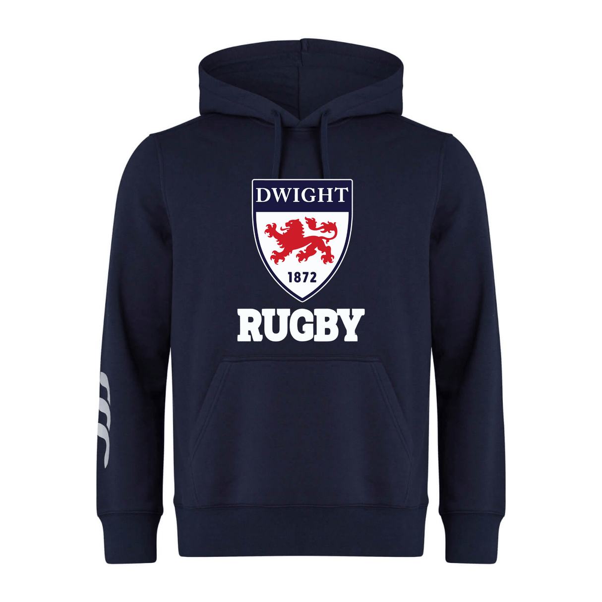 Navy blue hoodie with a hood, featuring a crest labeled "dwight 1872" with a red lion, and the word "CCC rugby" printed below in white - Dwight Rugby Club Hoodie by WRS Canterbury.