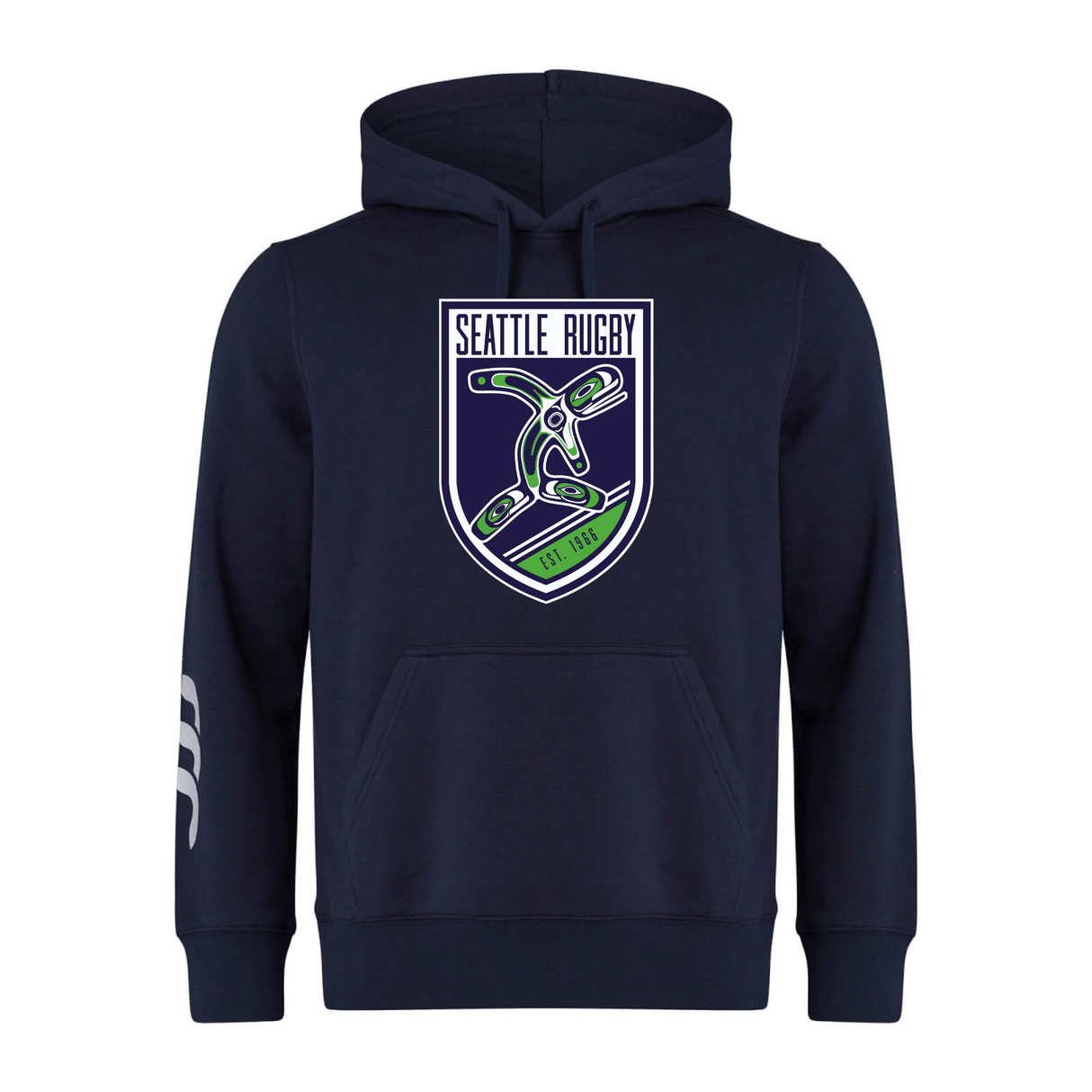 Seattle Rugby Club Club Hoodie by WRS Canterbury featuring a 'CCC Rugby' logo with a stylized orca design on the chest, and a stripe on the left sleeve.