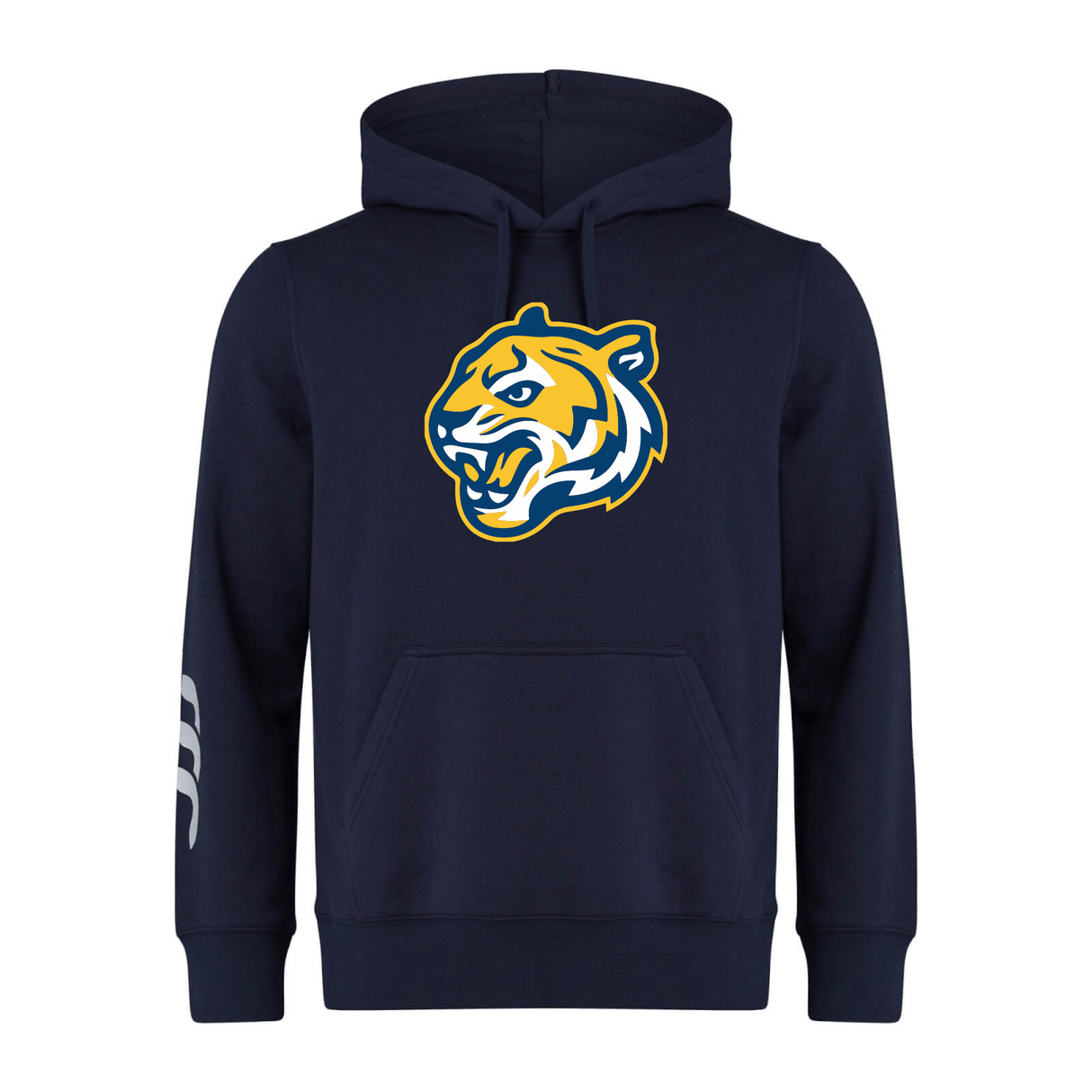 Navy blue sweatshirt fleece hoodie with a graphic of a stylized tiger's head in yellow and blue on the chest and a white Noble Street College Prep Club logo on the left sleeve by WRS Canterbury.