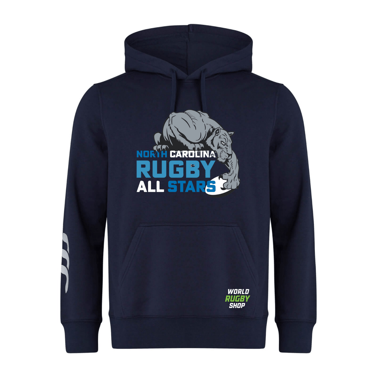 Navy blue NC All Stars Club Hoodie by Canterbury featuring a graphic of a muscular rugby player and text reading "North Carolina Rugby All Stars" on the chest. Made from premium sweatshirt fleece, it includes the "WRS Canterbury" logo on the lower left pocket area. Customization optional for added personal flair.