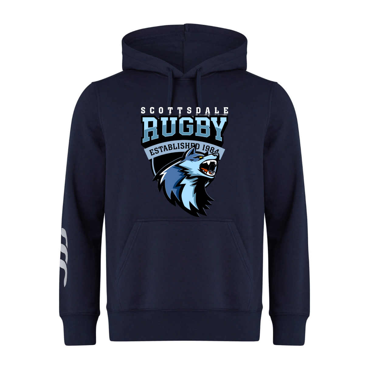 Navy blue Scottsdale Rugby Club Hoodie by WRS Canterbury featuring a stylized white and blue lion head on the front, crafted from sweatshirt fleece.