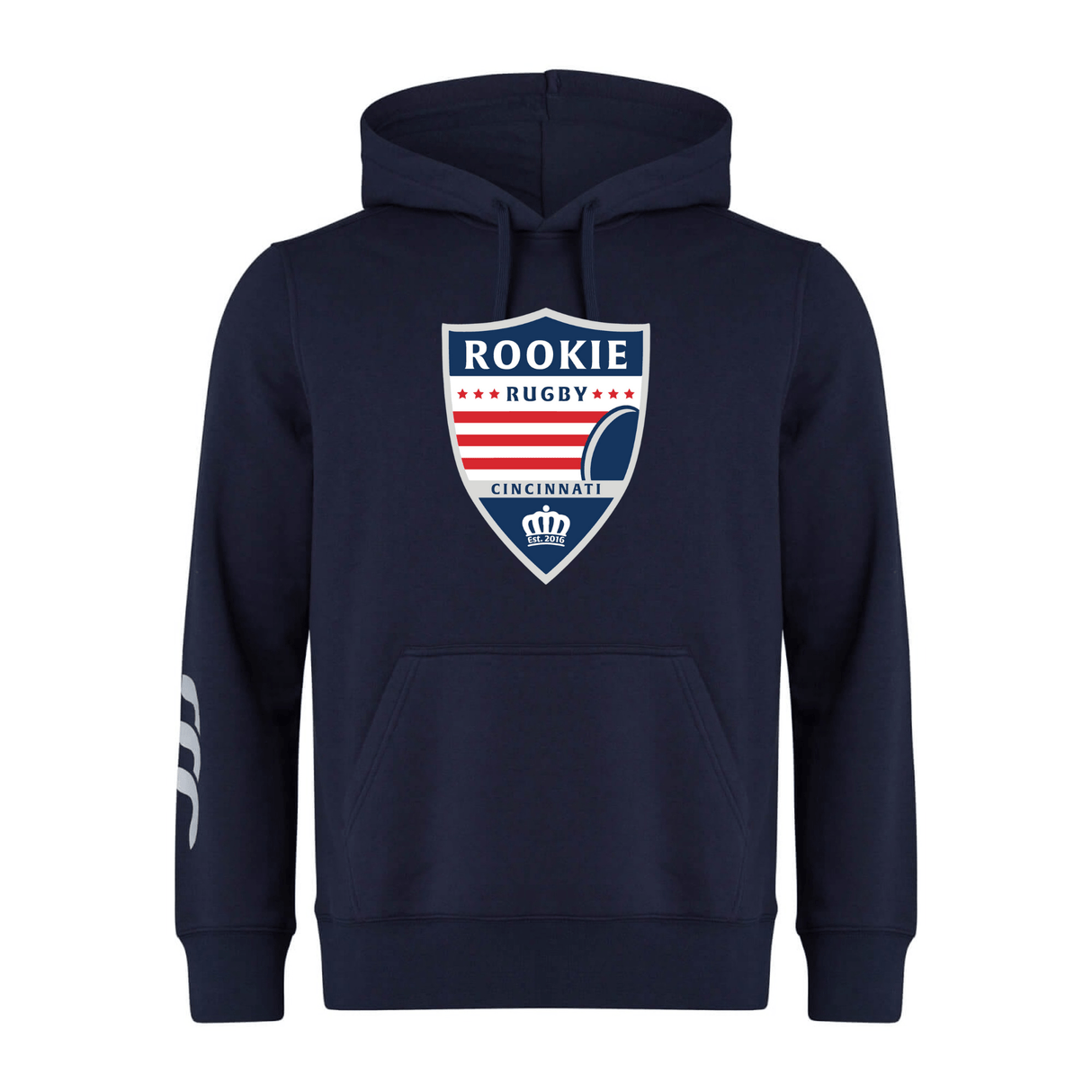 A navy blue Cincinnati Rookie Rugby Club Hoodie by Canterbury with a central crest logo featuring "Rookie Rugby Cincinnati" text and a rugby ball design, along with red and white stripes. Made from premium sweatshirt fleece, it also boasts three white stripes on the left sleeve and subtle WRS Canterbury branding.