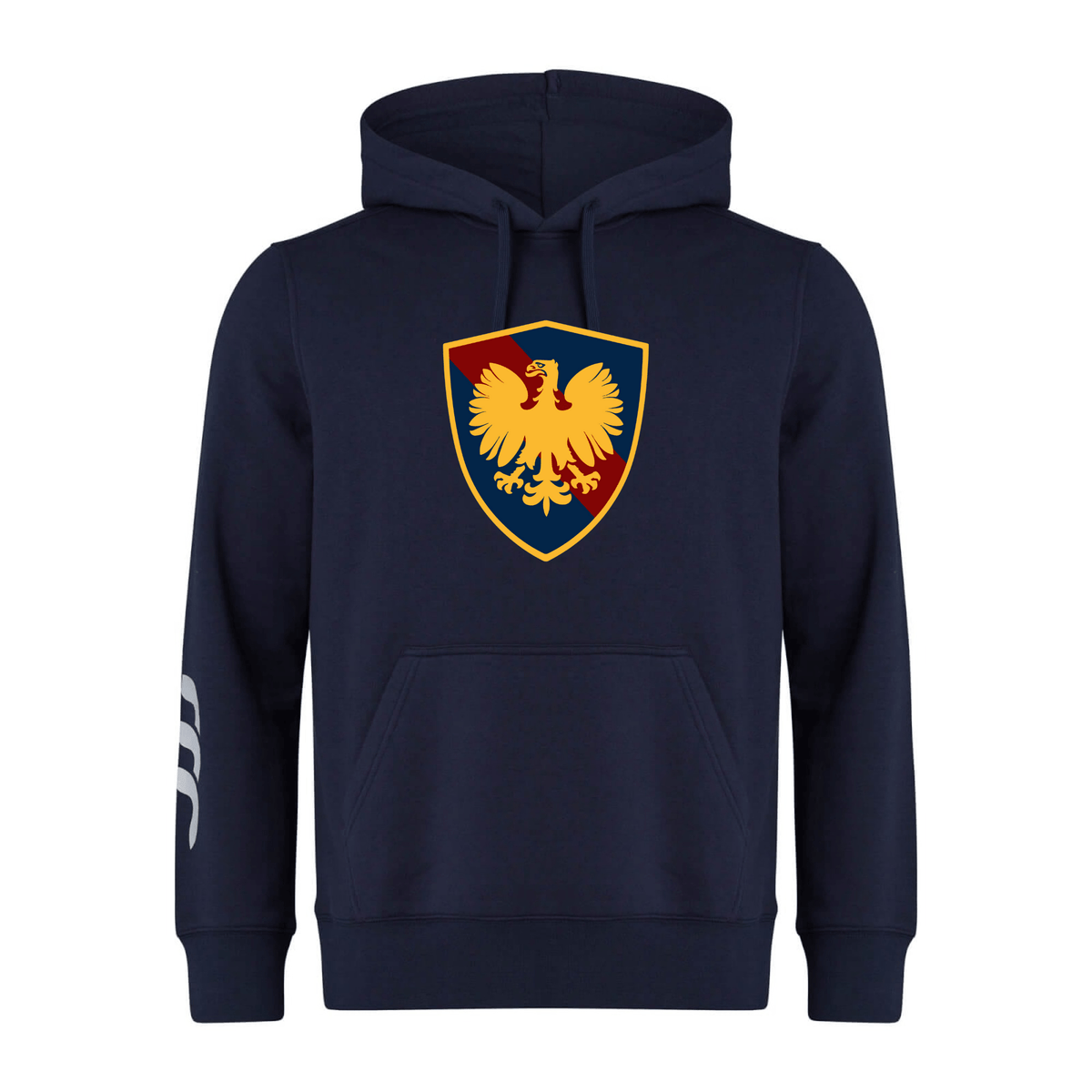 Navy blue Cincinnati Classical Academy Club Hoodie by WRS Canterbury with a crest featuring a golden eagle on a shield, placed on the chest area, and white stripes on the left sleeve.