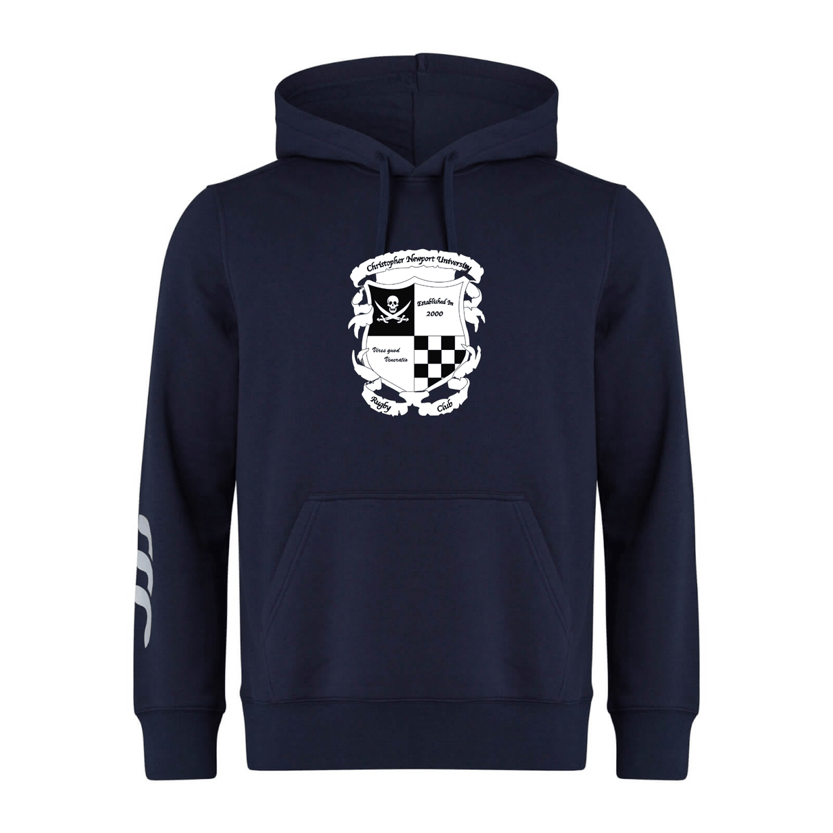 Navy blue Rugby Football Club at Christopher Newport University Club hoodie by WRS Canterbury with a white graphical print on the chest featuring the CCC rugby crest and text, designed with a drawstring hood and a front pocket.