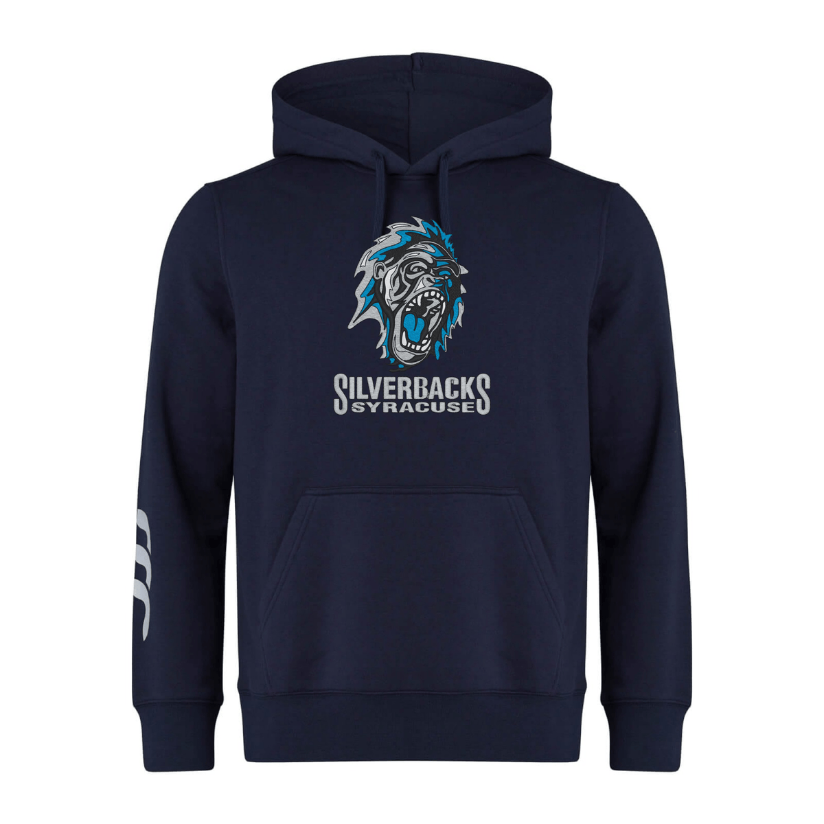 A premium sweatshirt fleece in navy blue, this Syracuse Silverbacks Club Hoodie by Canterbury features a graphic of a roaring gorilla with "Silverbacks Syracuse" on the front. The left sleeve is adorned with three white stripes near the wrist and WRS Canterbury branding, making it both stylish and comfortable.