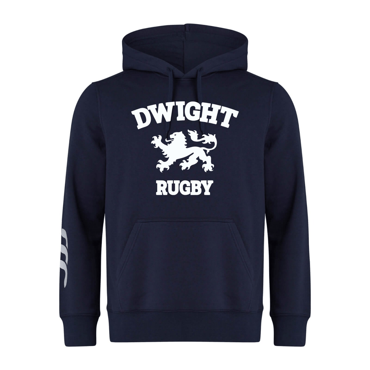 A navy blue Dwight Rugby White Logo Club Hoodie by Canterbury with the words "Dwight Rugby" and a white lion graphic on the front. Crafted from sweatshirt fleece, it features a front pocket, drawstrings, and WRS Canterbury branding for added style.