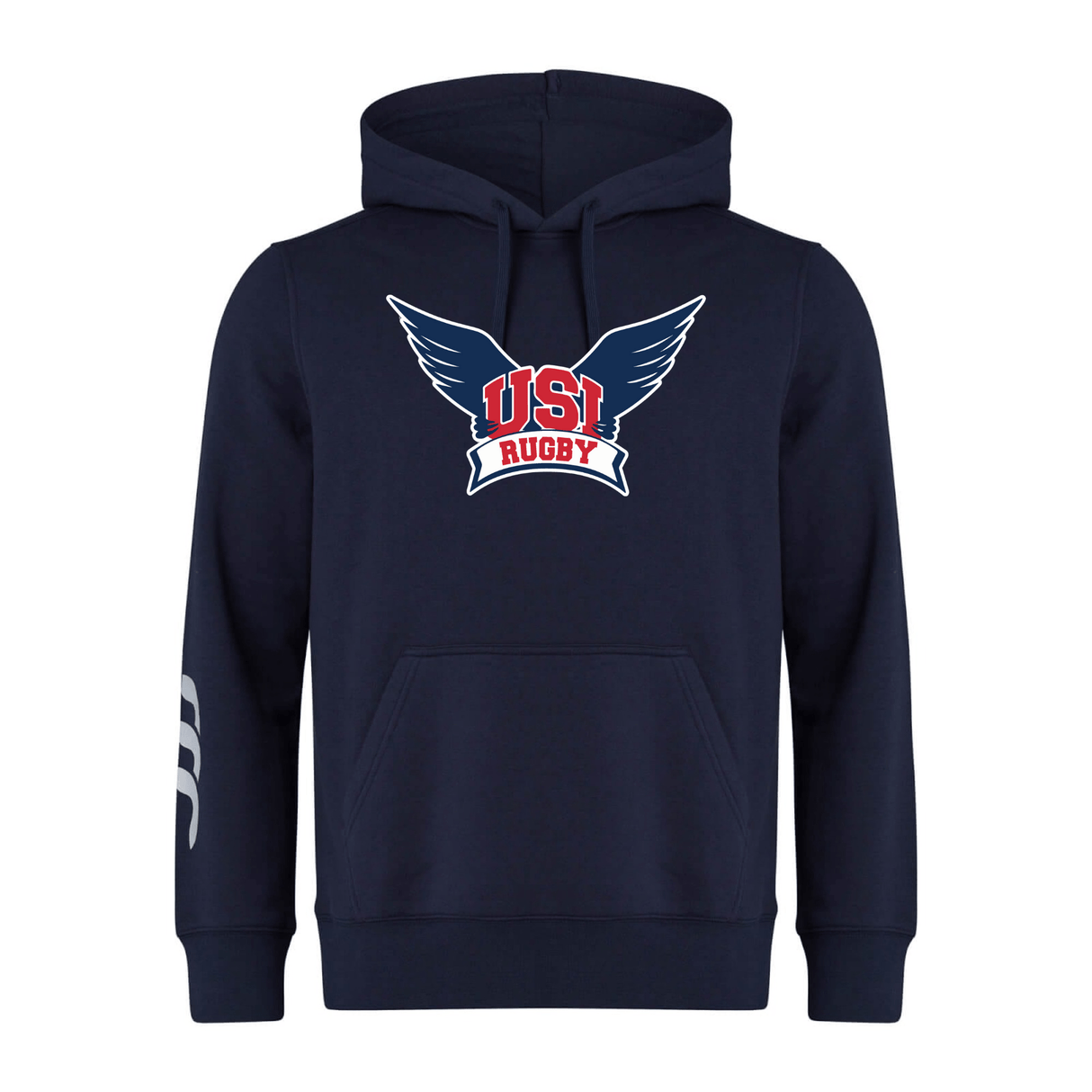 A navy blue University of Southern Indiana Club Hoodie by Canterbury featuring a "USA Rugby" logo with eagle wings on the chest, white stripes on one sleeve, and WRS Canterbury sleeve branding.
