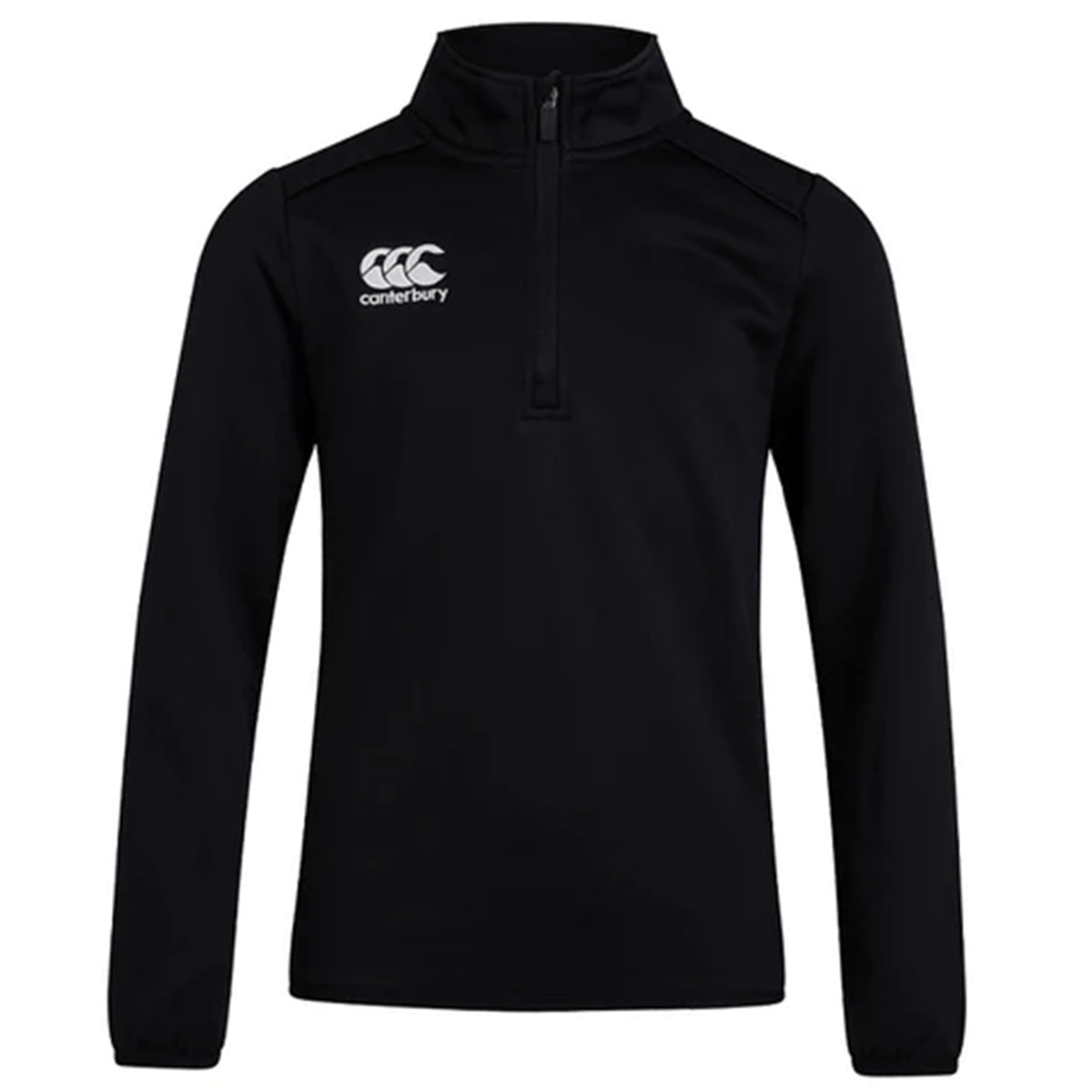 A black Canterbury Club 1/4 Zip Mid Layer Training Top with a white logo on the chest.