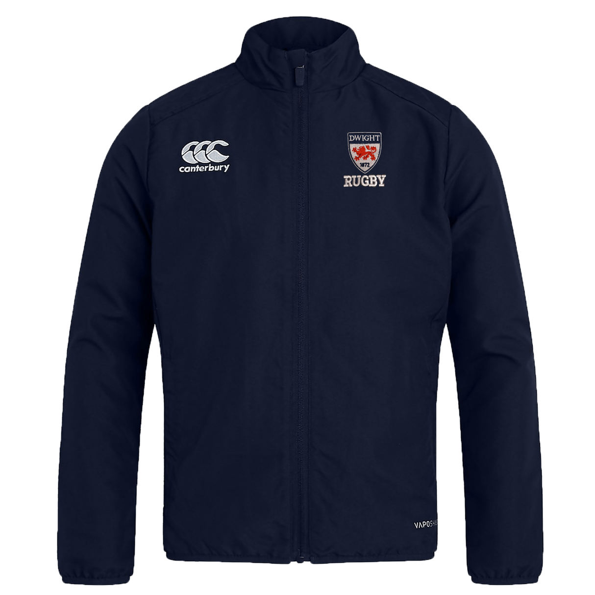 Navy blue water repellent Dwight Rugby Club Track Jacket with EMB Canterbury logo on the right chest and Dwight rugby emblem on the left, zipped front.