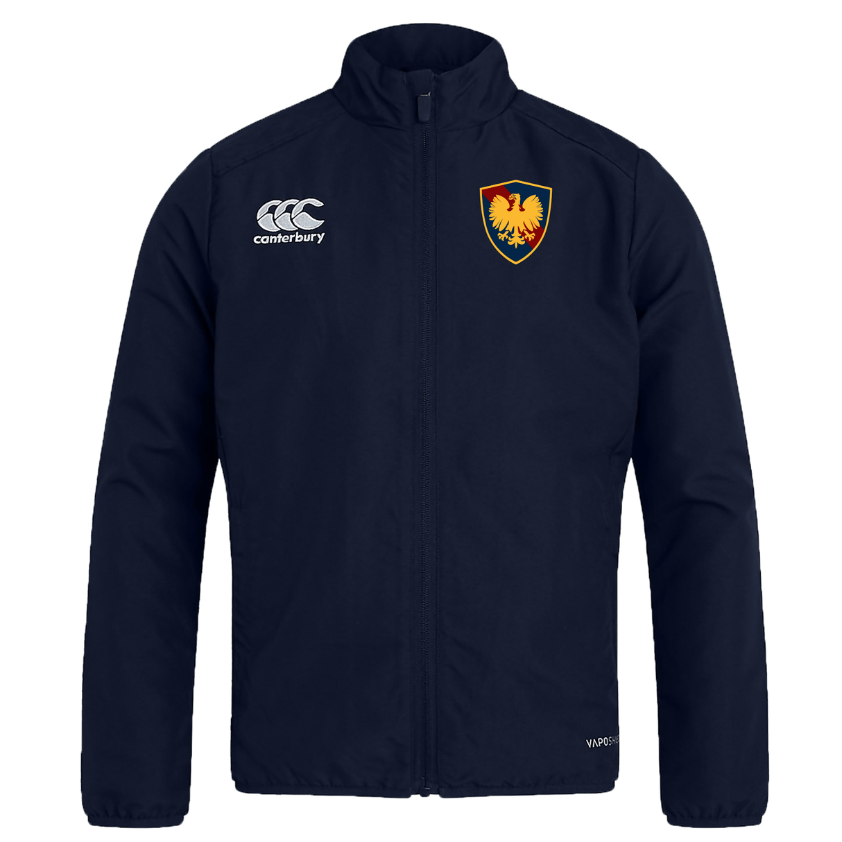 Navy blue Cincinnati Classical Academy Club Track Jacket by EMB Canterbury with a zip front, featuring the EMB Canterbury logo on the right chest and a vibrant, stylized lion emblem on the left chest.