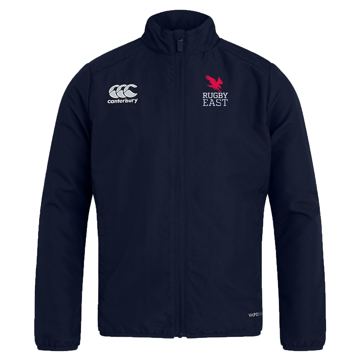 A navy blue Rugby East Conference Club Track Jacket by EMB Canterbury with the Rugby East logo on the right chest and Canterbury logo on the left chest, featuring a lightweight, water-repellent fabric, full zip front, and high collar.